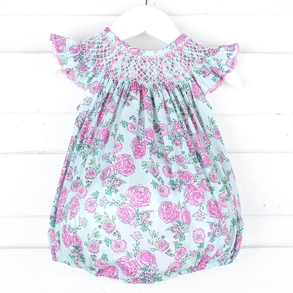 Flower Child Pink Smocked Angel Sleeve Bubble