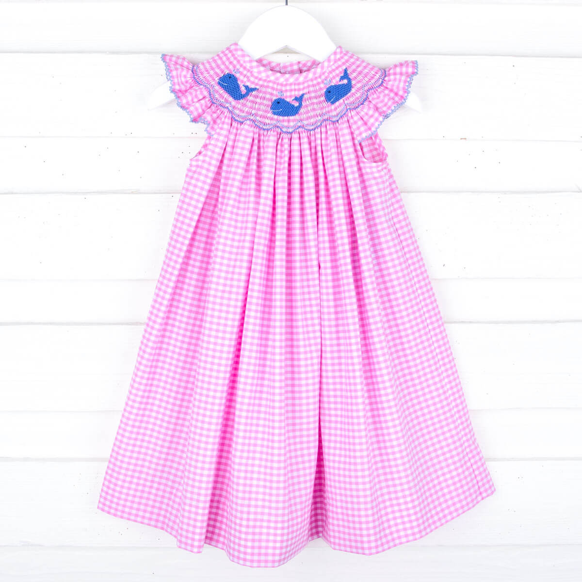 Whale Adventure Pink Gingham Smocked Angel Sleeve Dress