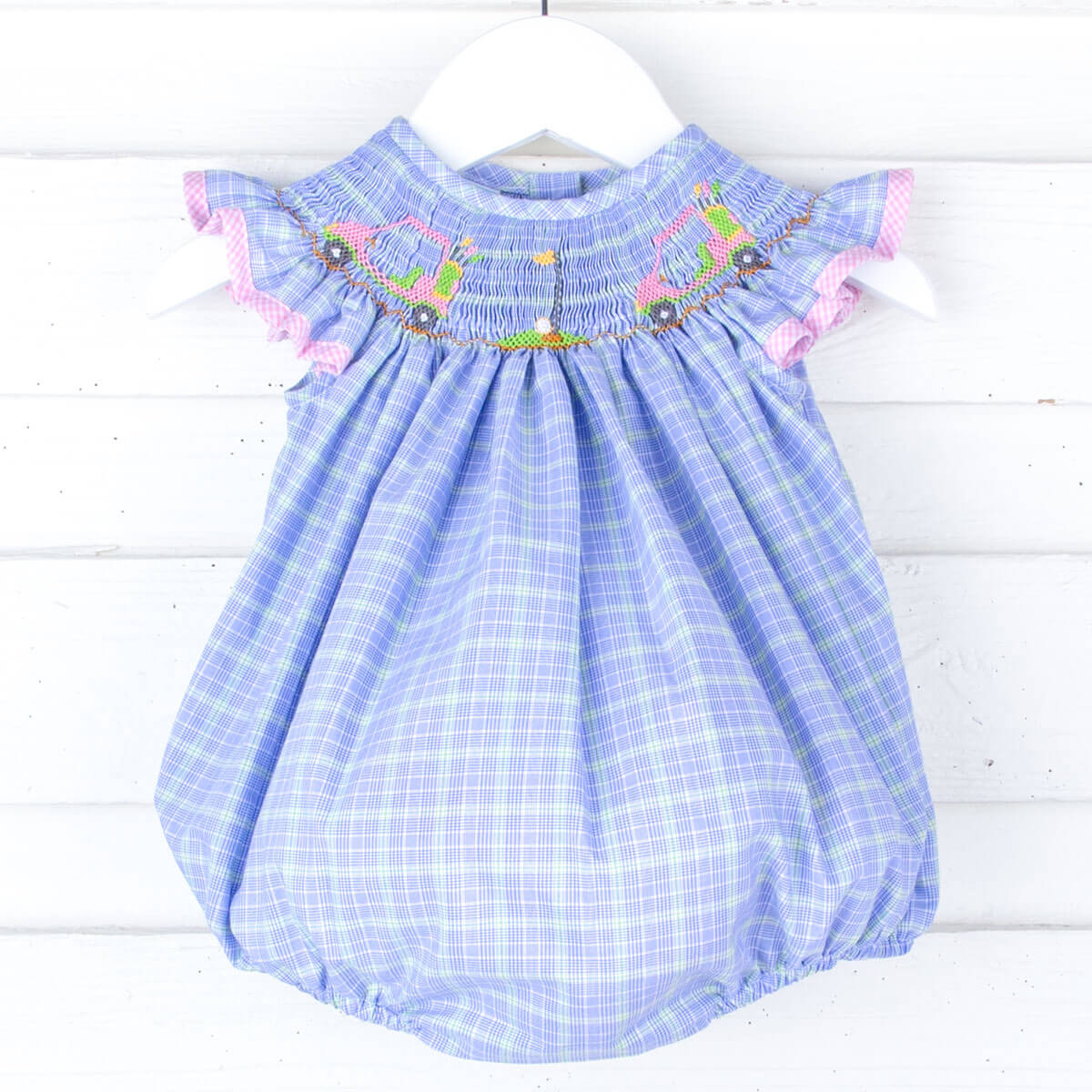 Play Golf Blue Plaid Smocked Angel Sleeve Bubble