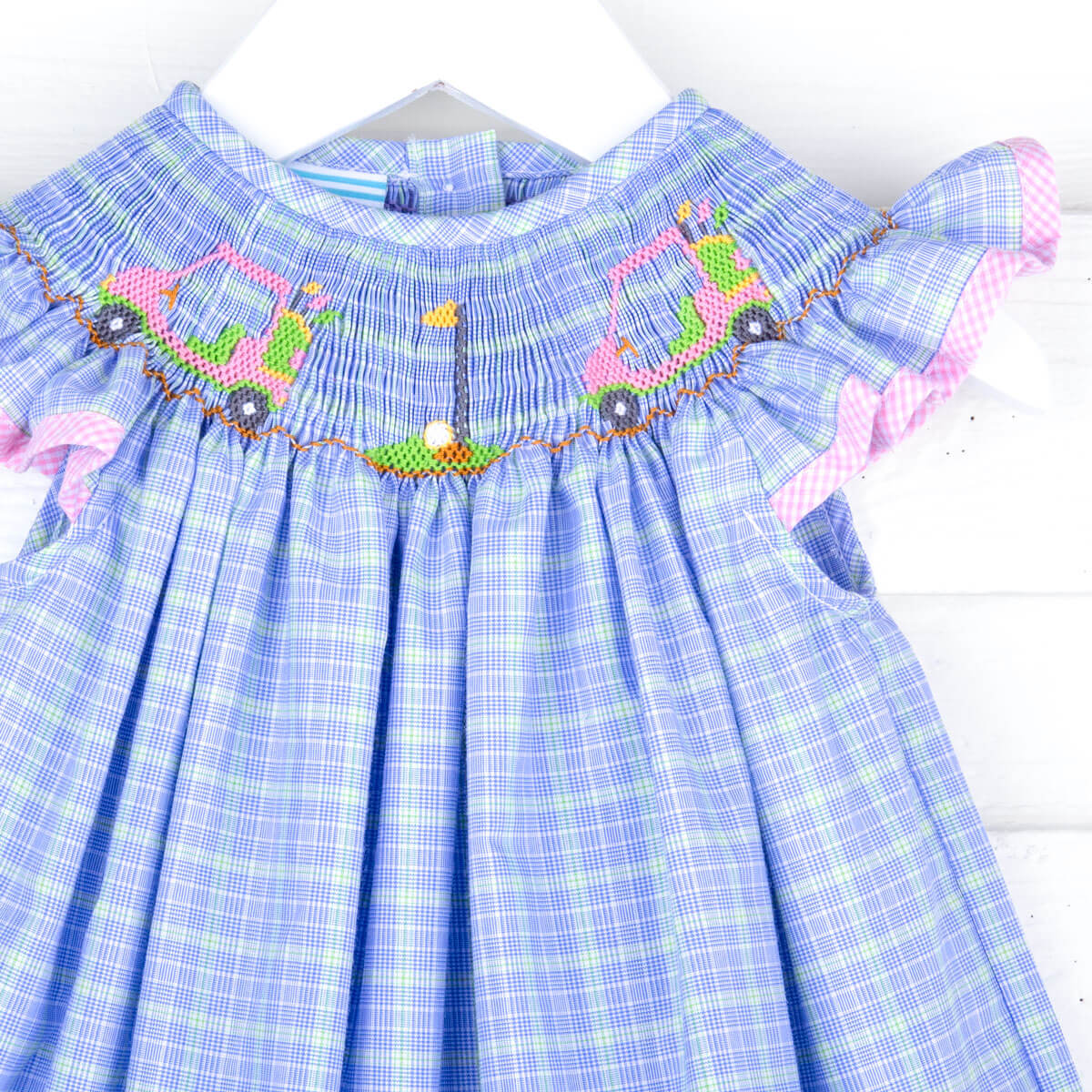 Play Golf Blue Plaid Smocked Angel Sleeve Dress
