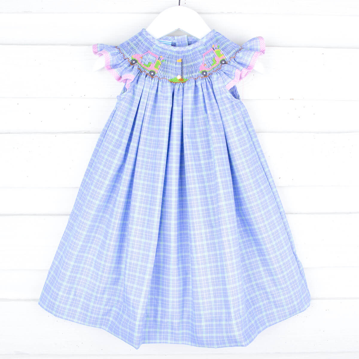 Play Golf Blue Plaid Smocked Angel Sleeve Dress