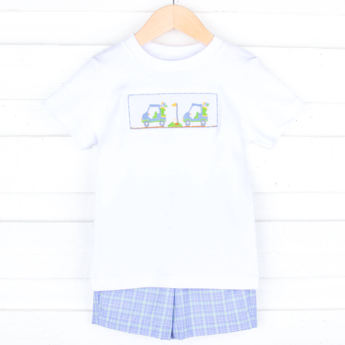 Play Golf Blue Plaid Smocked Short Set