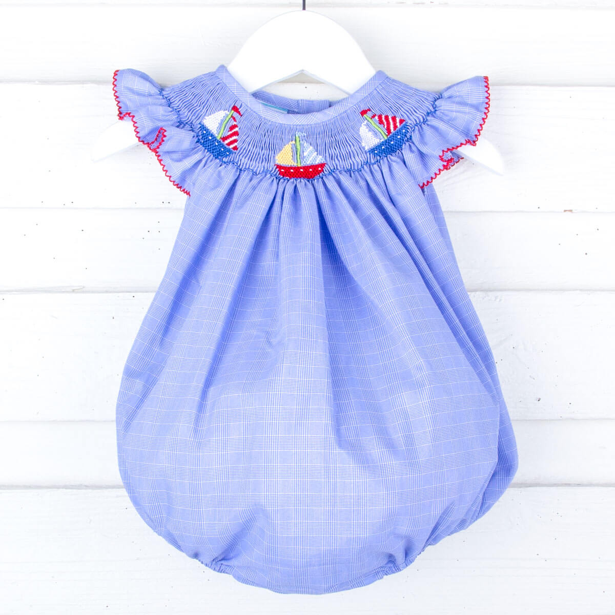 Sailing Away Blue Plaid Smocked Angel Sleeve Bubble