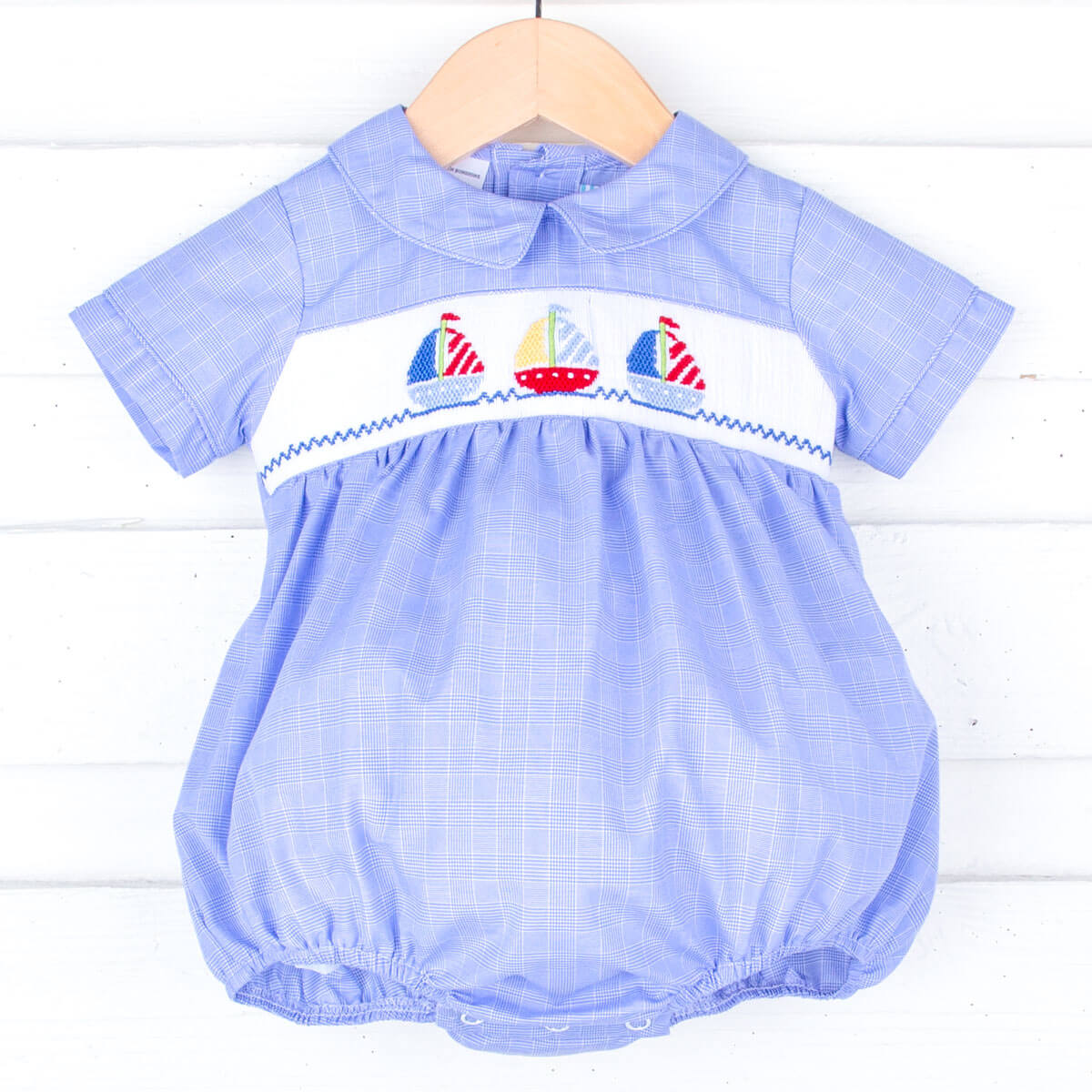 Sailing Away Blue Plaid Smocked Collared Bubble