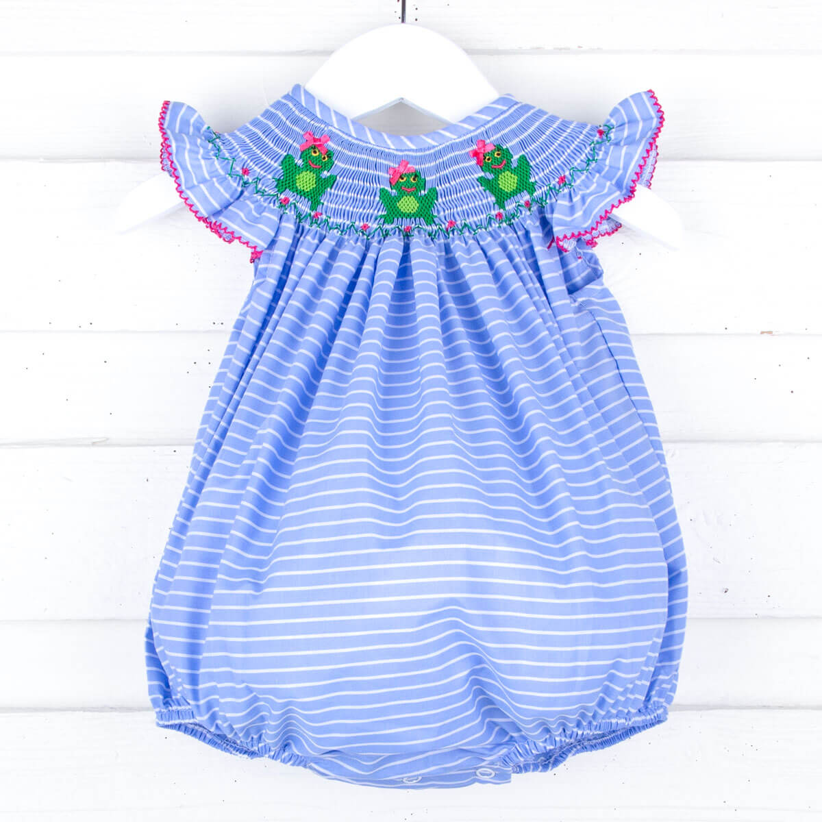 Cute Frog Blue Stripe Smocked Angel Sleeve Bubble