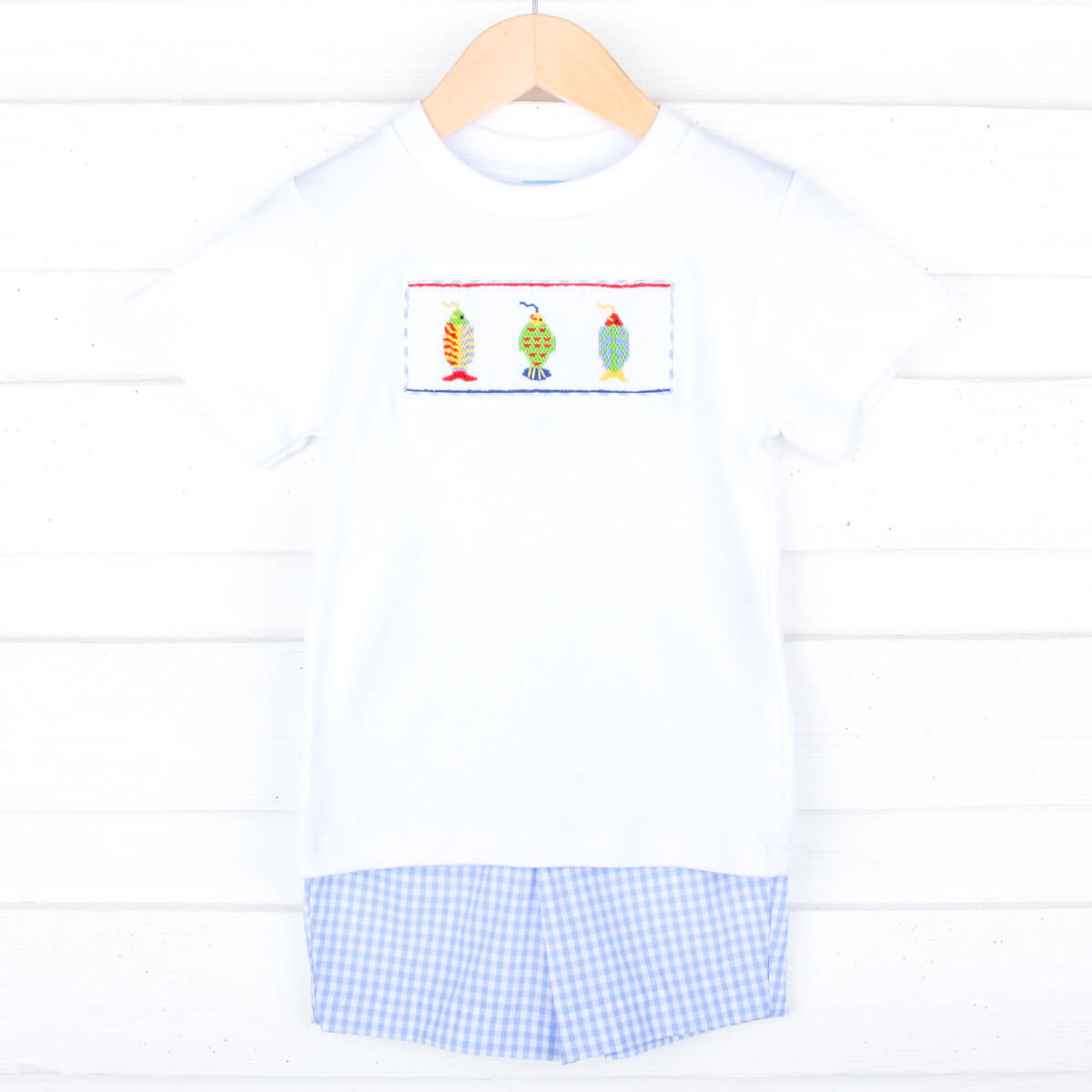 Fishing Lure Light Blue Check Smocked Short Set