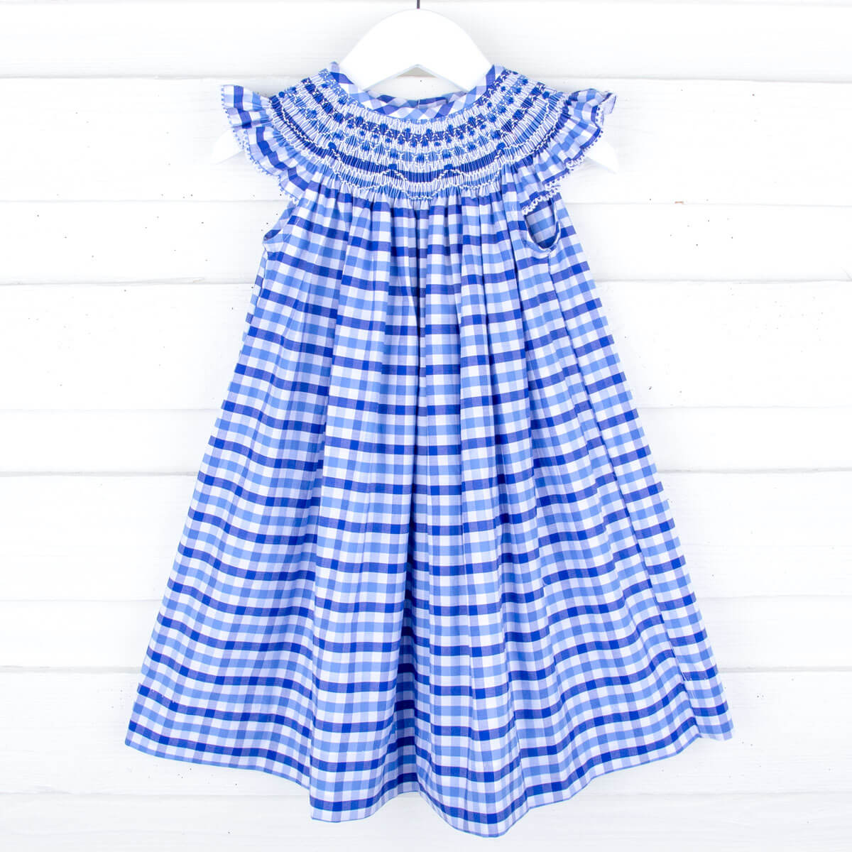Summer Time Blue Gingham Smocked Angel Sleeve Dress