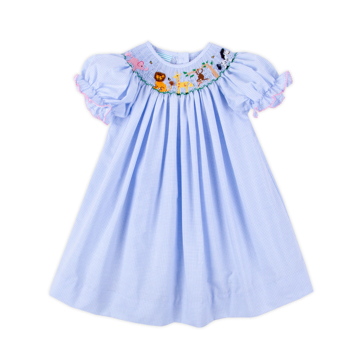 Animal Friends Blue Gingham Smocked Bishop Dress
