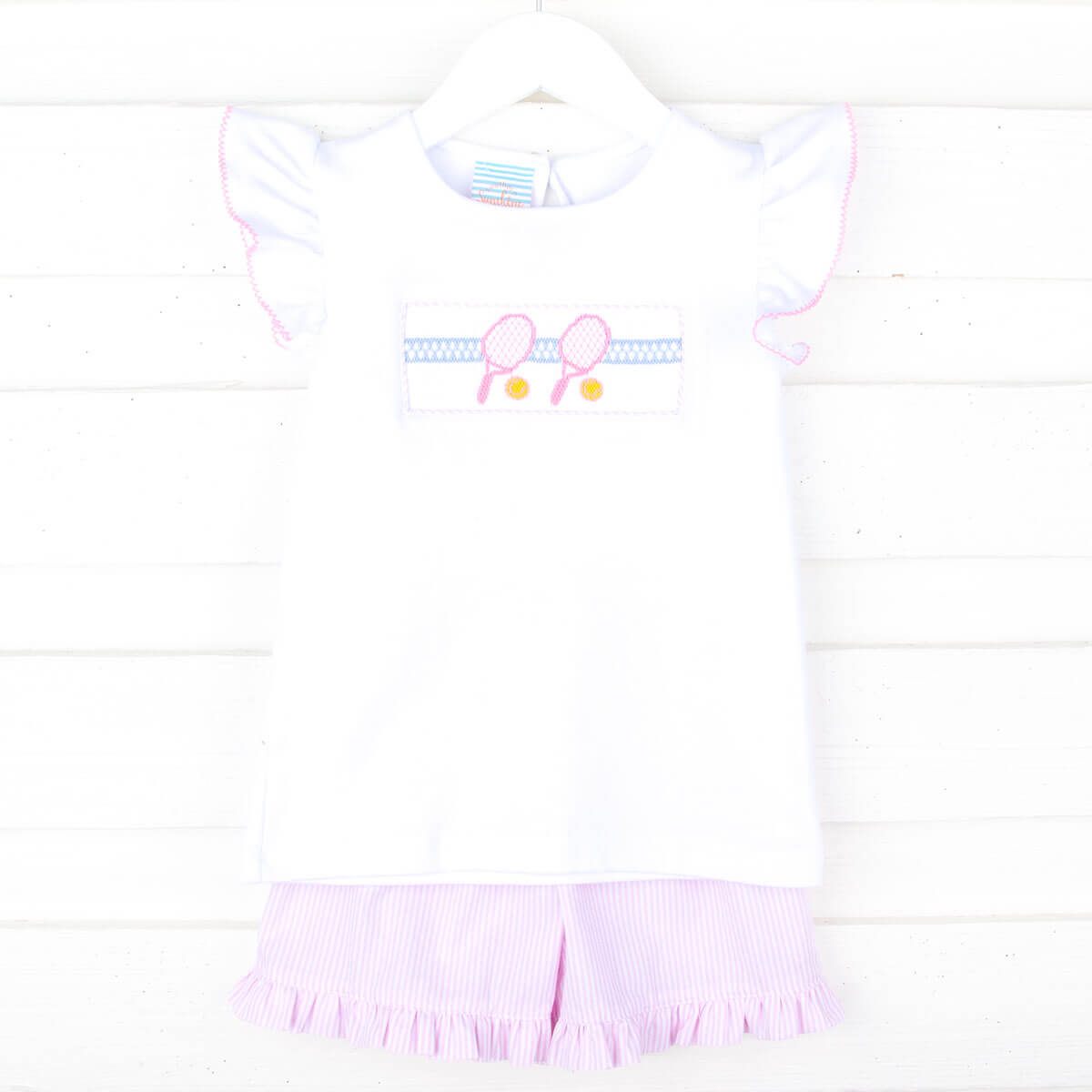 Tennis Racquet Pink Stripe Smocked Angel Sleeve Short Set