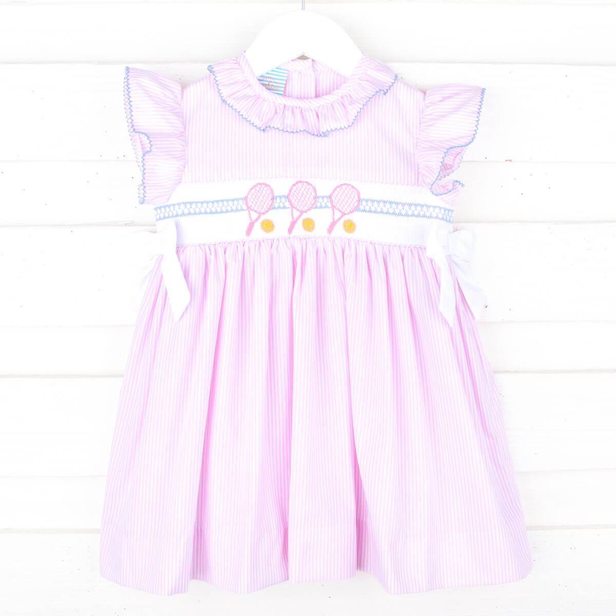 Tennis Racquet Pink Stripe Smocked Beverly Dress
