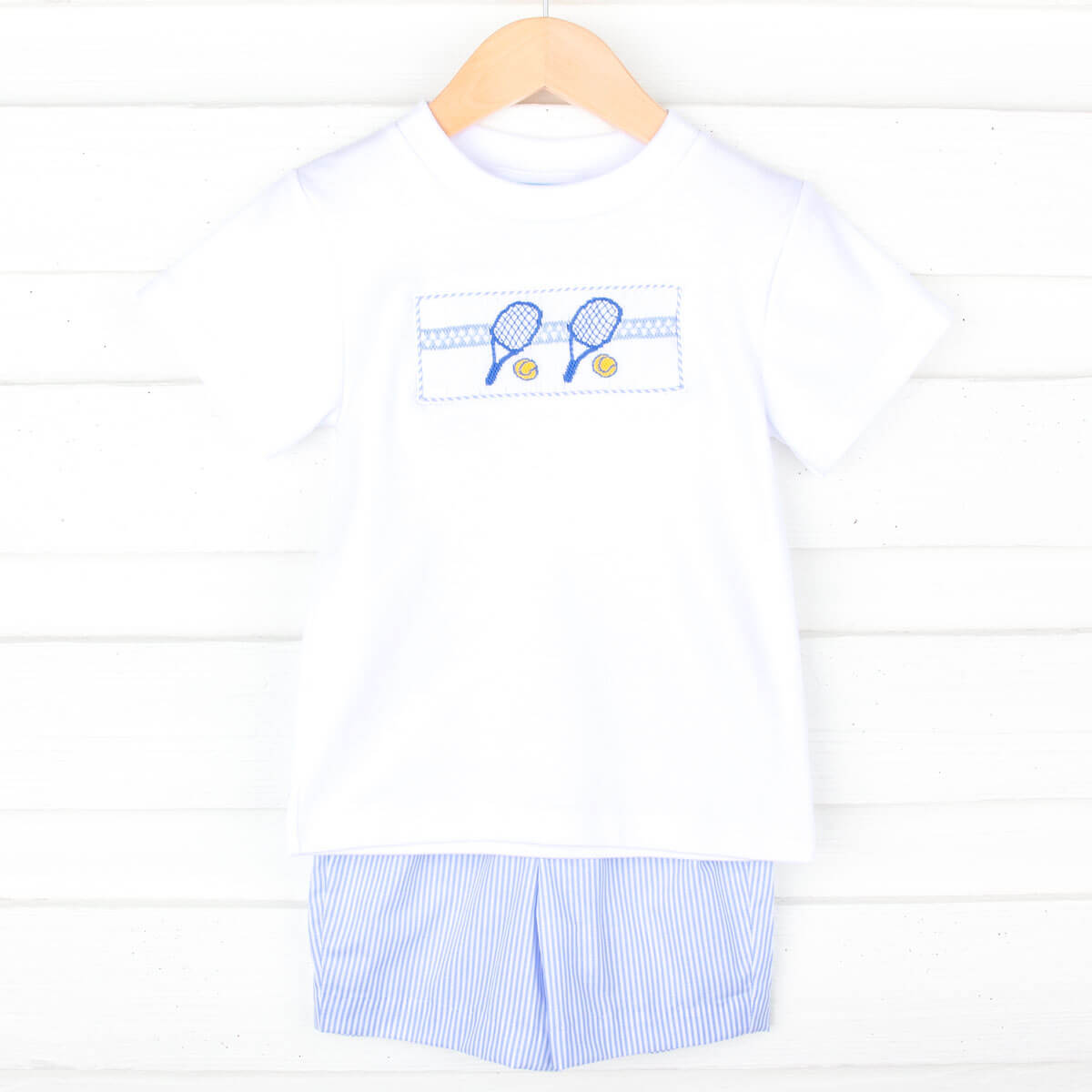 Tennis Racquet Blue Stripe Stripe Smocked Short Set