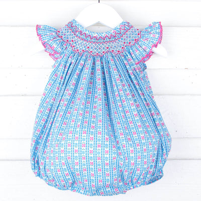 Floral Turquoise Smocked Angel Sleeve Bubble
