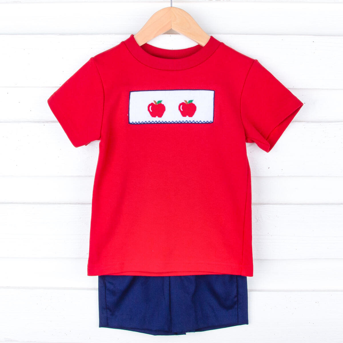 Apple Smocked Red & Navy Short Set