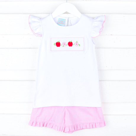Apple & Flower Smocked Pink Gingham Short Set