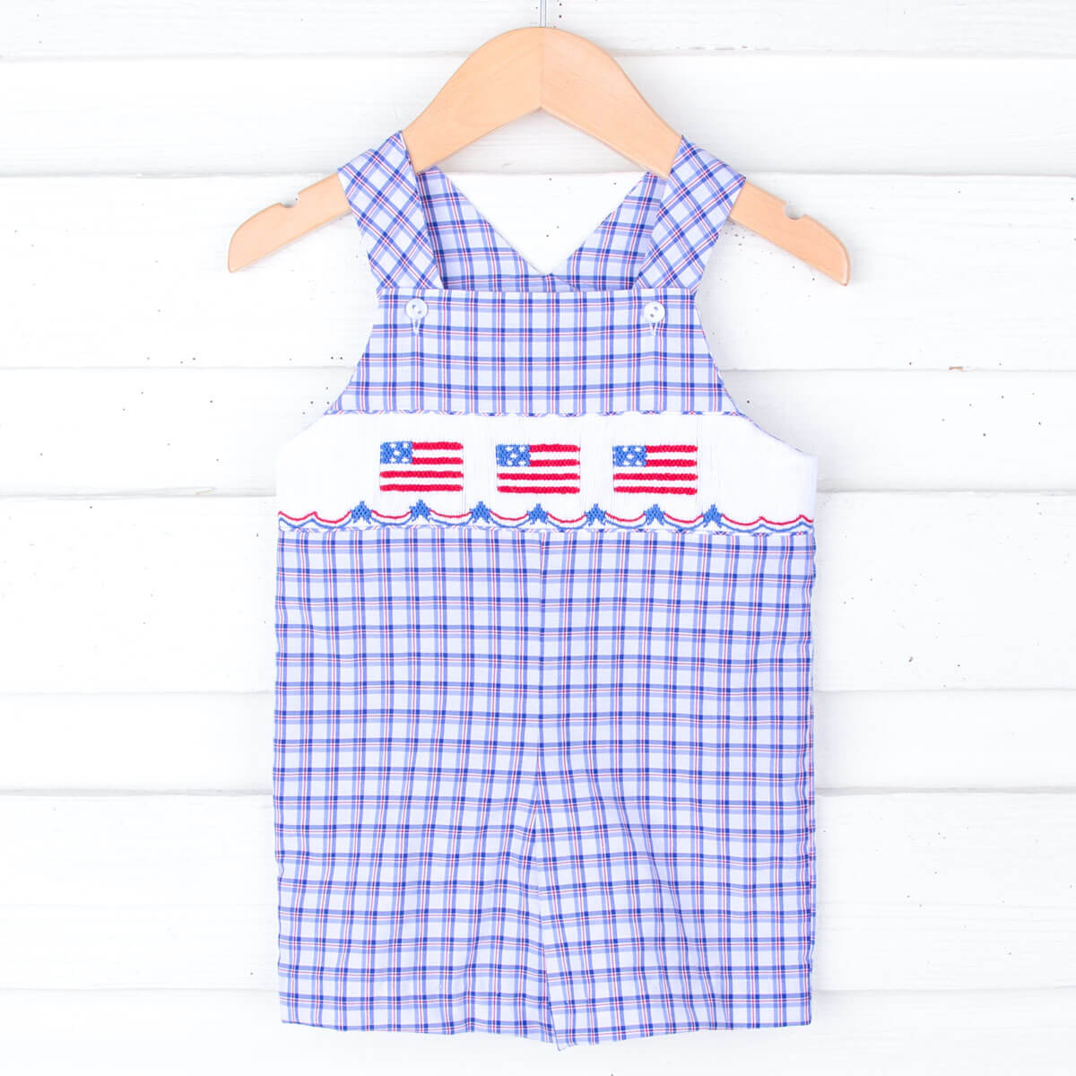 American Flag Smocked Blue Plaid Shortall