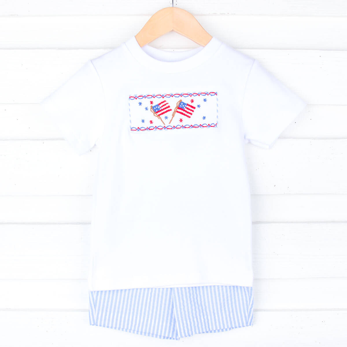 Flag Smocked Light Blue Stripe Short Set