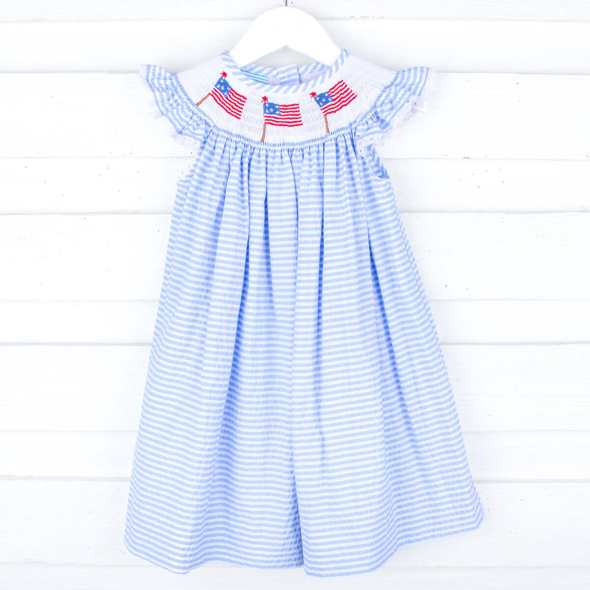 Flag Smocked Light Blue Thick Stripe Angel Sleeve Dress