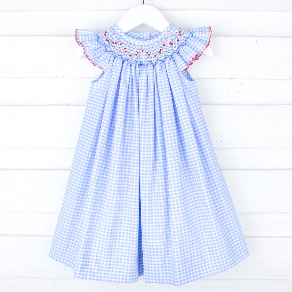 Patriotic Blue Gingham Geo Smocked Angel Sleeve Dress