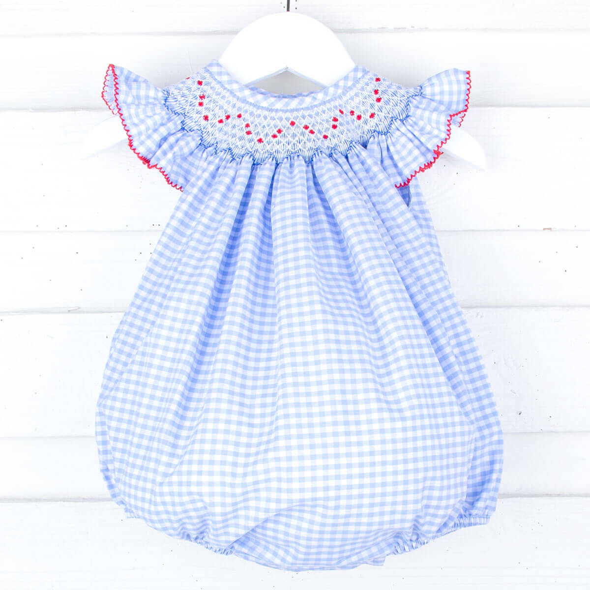 Patriotic Blue Gingham Geo Smocked Angel Sleeve Bubble