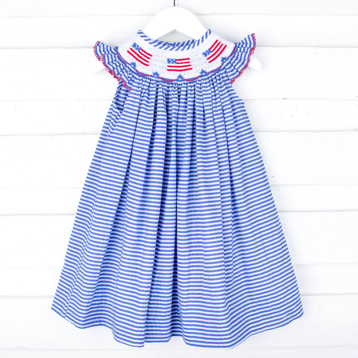 Flag Smocked Navy Stripe Seersucker Dress