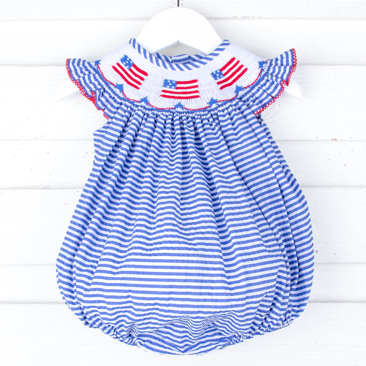 Flag Smocked Navy Stripe Angel Sleeve Bubble