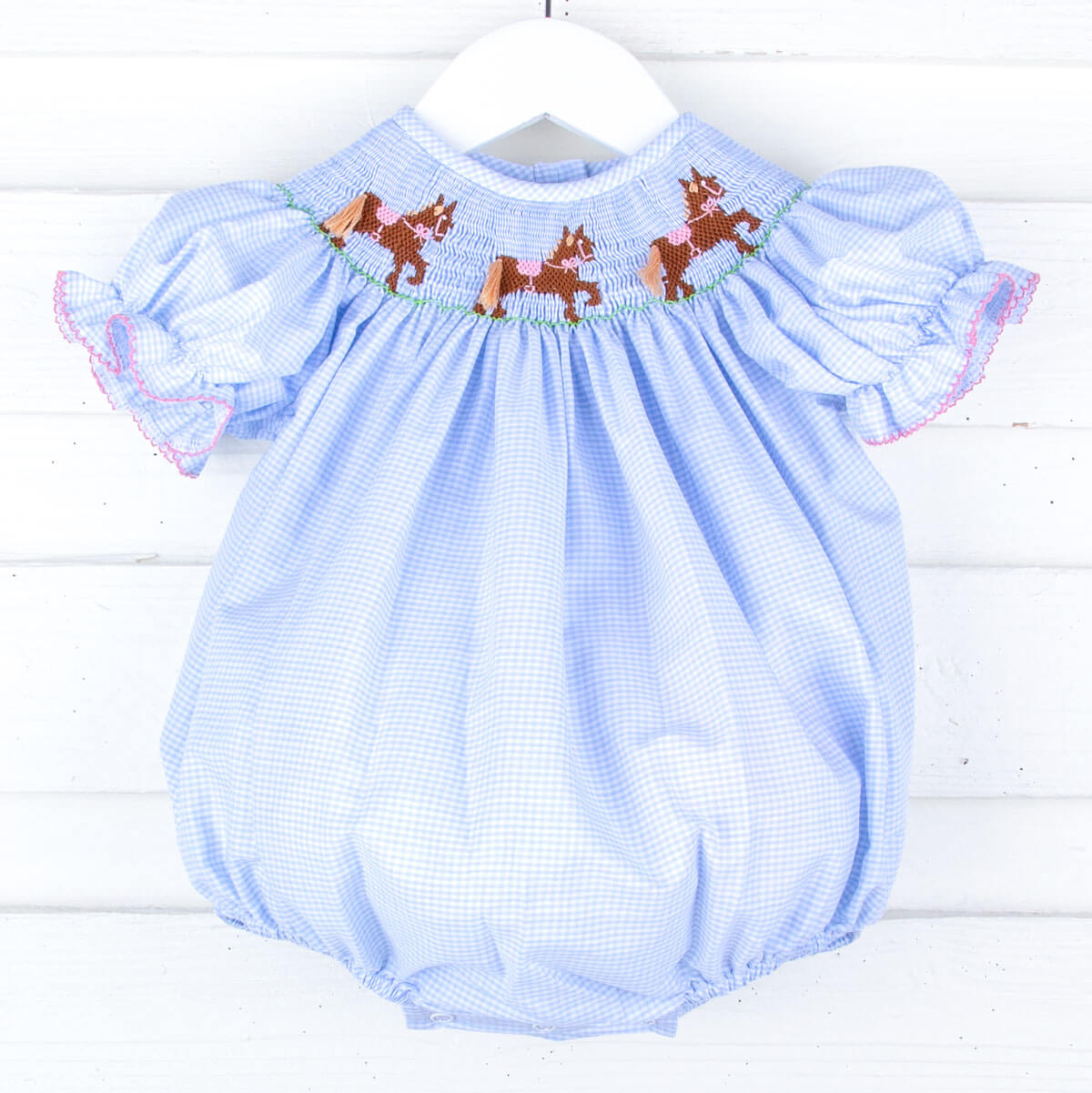 Horse Smocked Light Blue Gingham Bubble