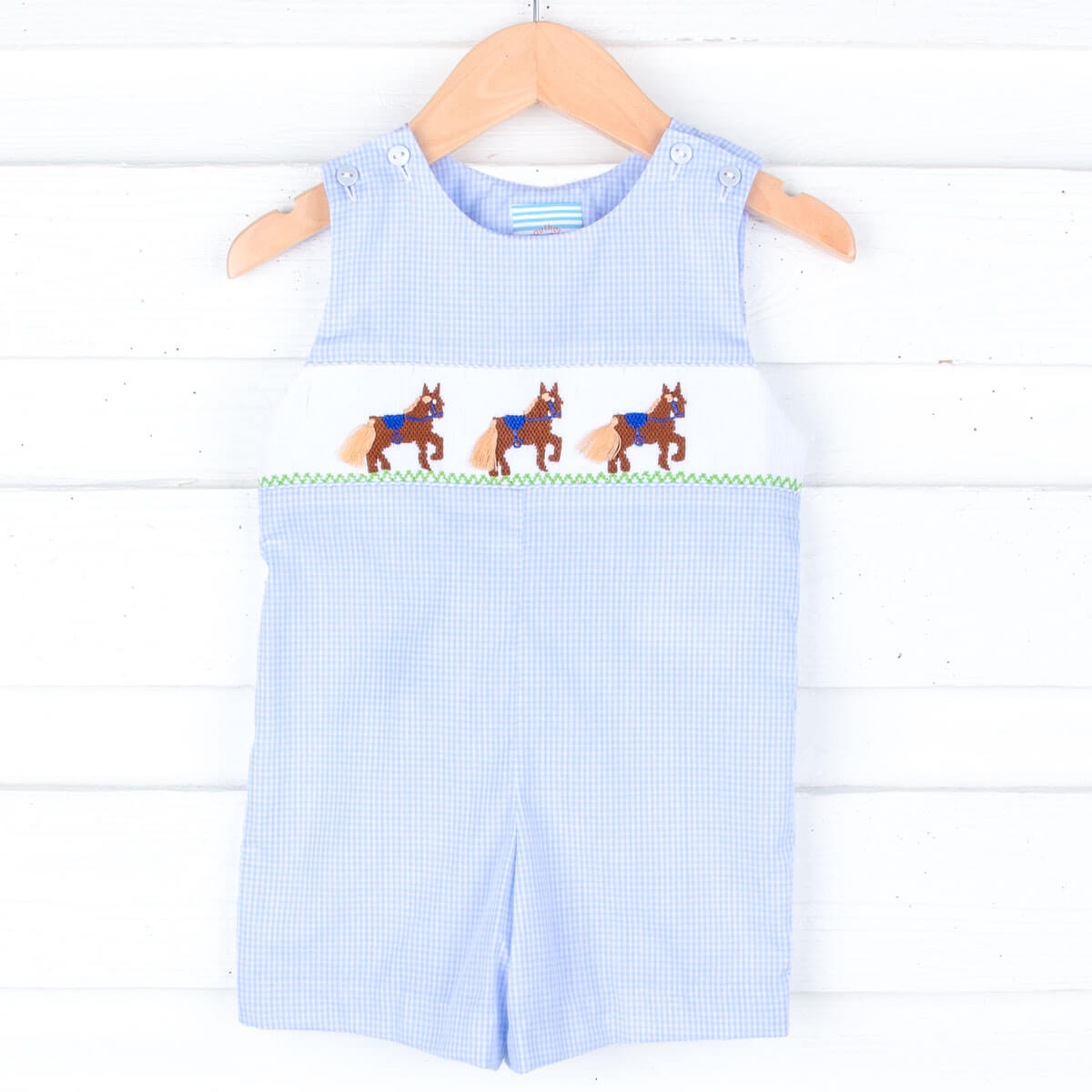 Horse Smocked Light Blue Gingham Jon Jon