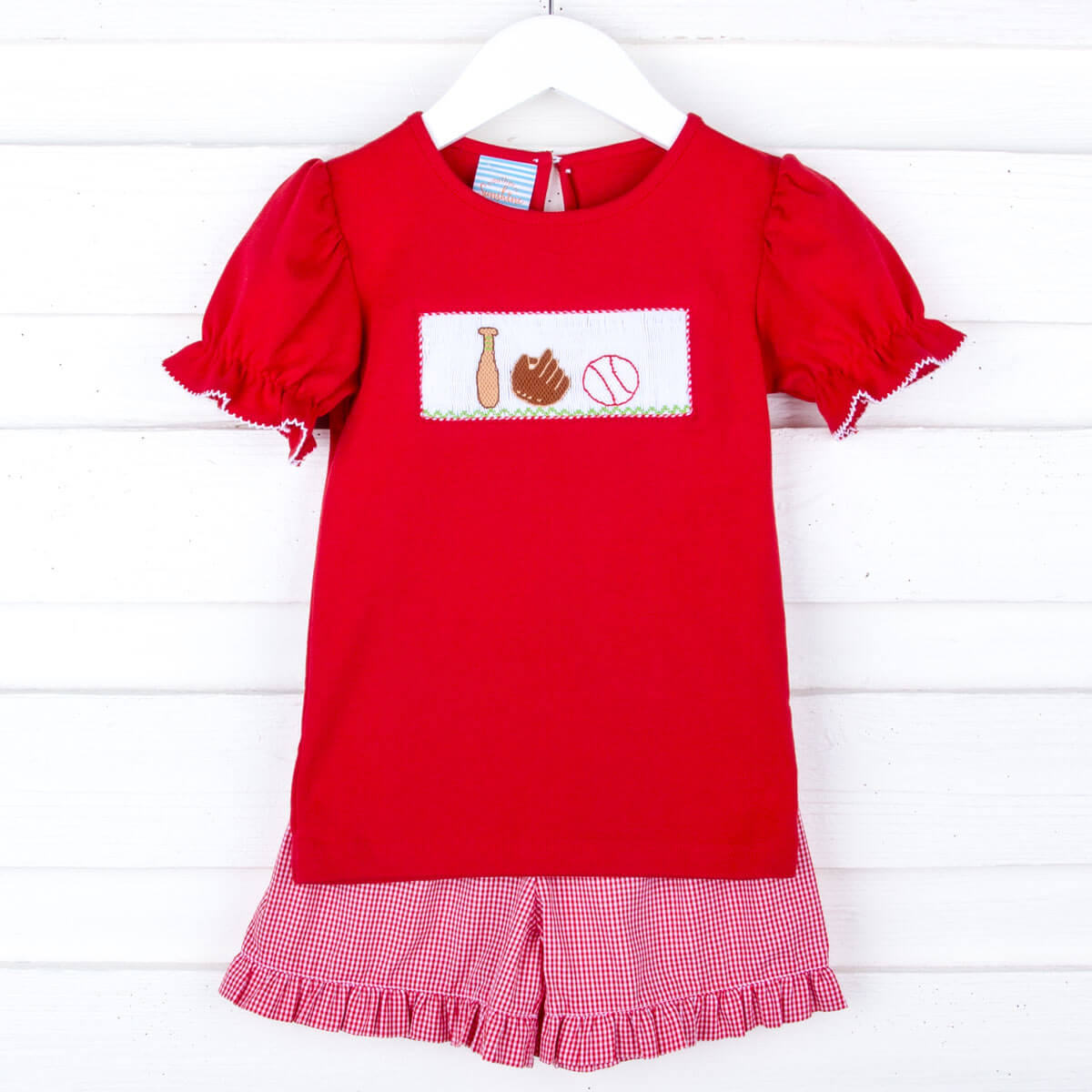 Baseball Smocked Red Gingham  Girl Short Set