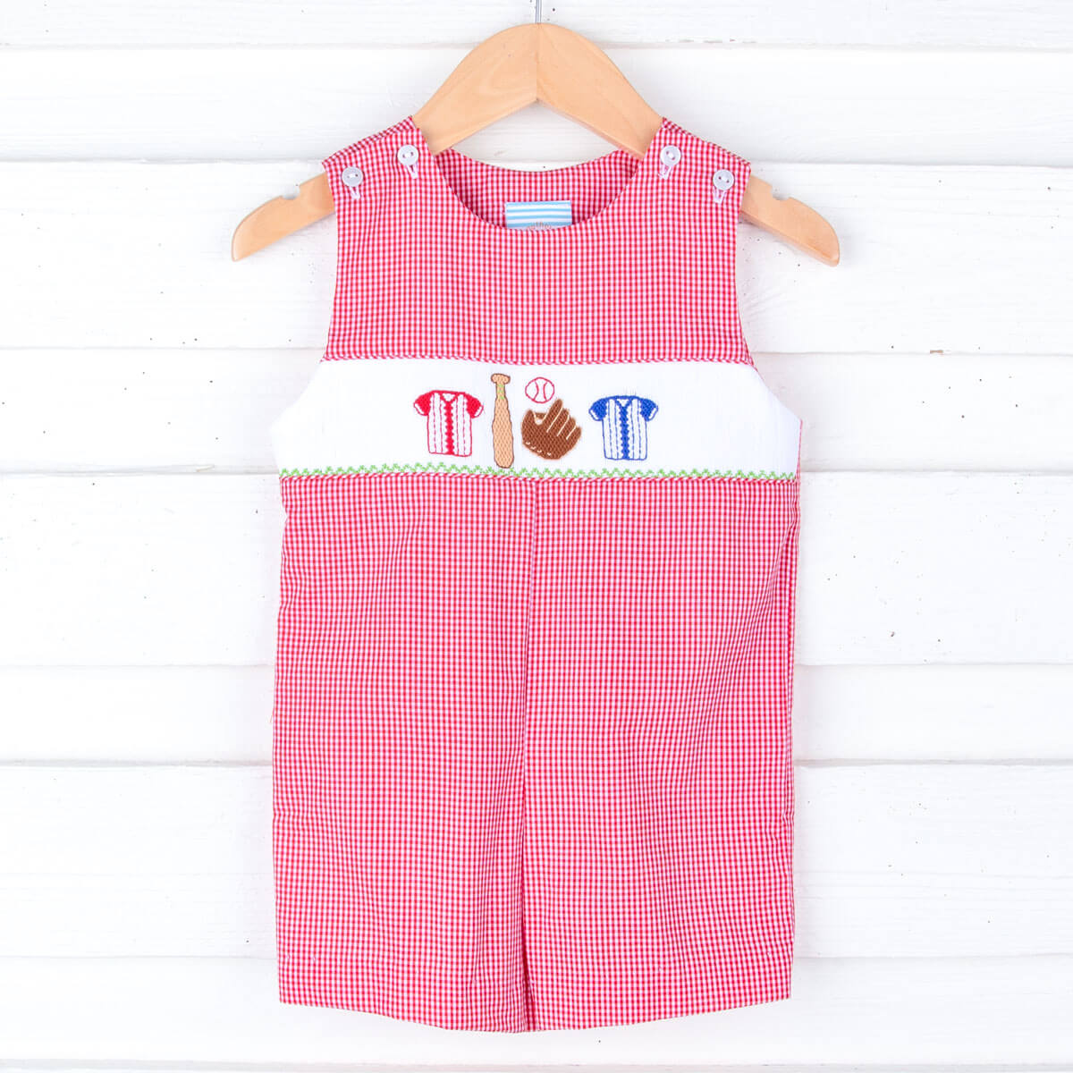 Baseball Smocked Red Gingham Jon Jon