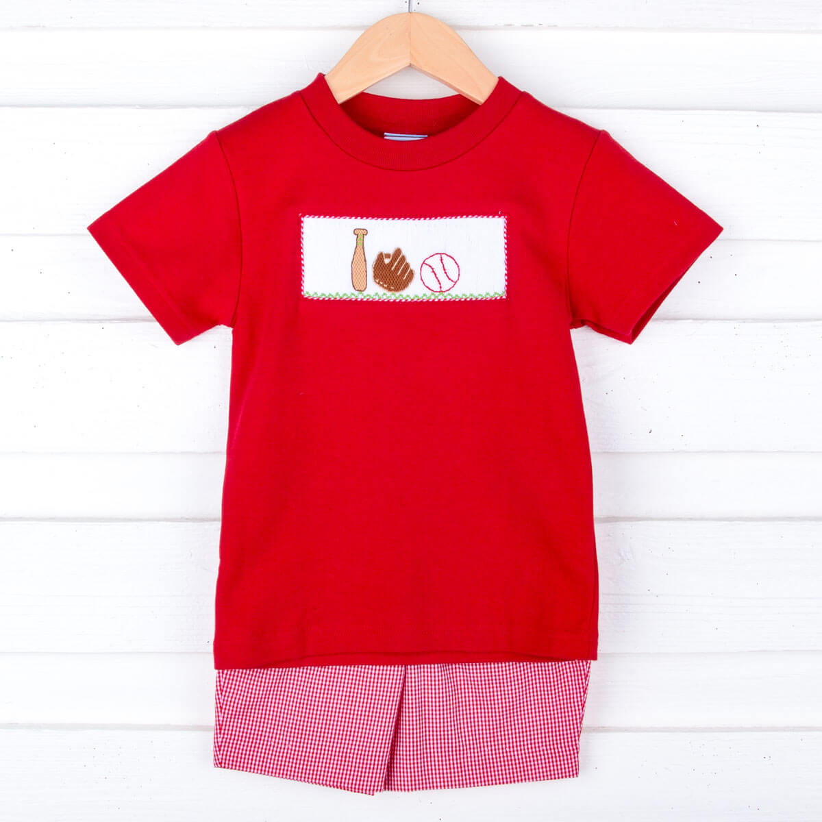 Baseball Smocked Red Gingham Boy Short Set