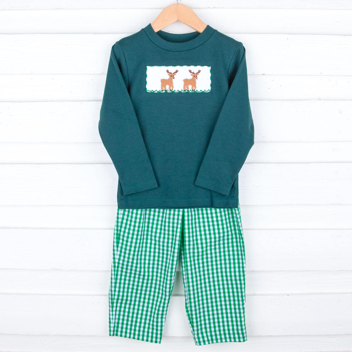 Deer Smocked Green Gingham Pant Set