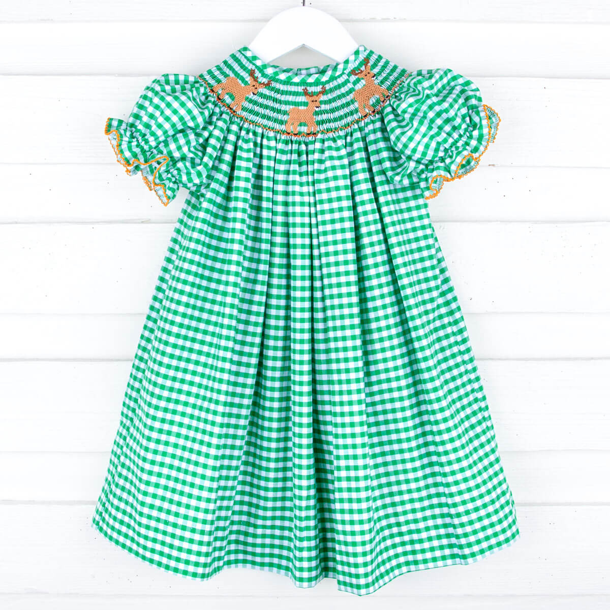 Deer Smocked Green Gingham Bishop Dress