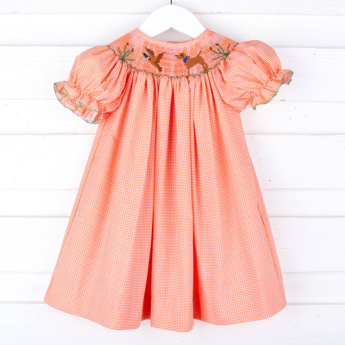 Hunting Dog & Duck Smocked Orange Gingham Bishop Dress