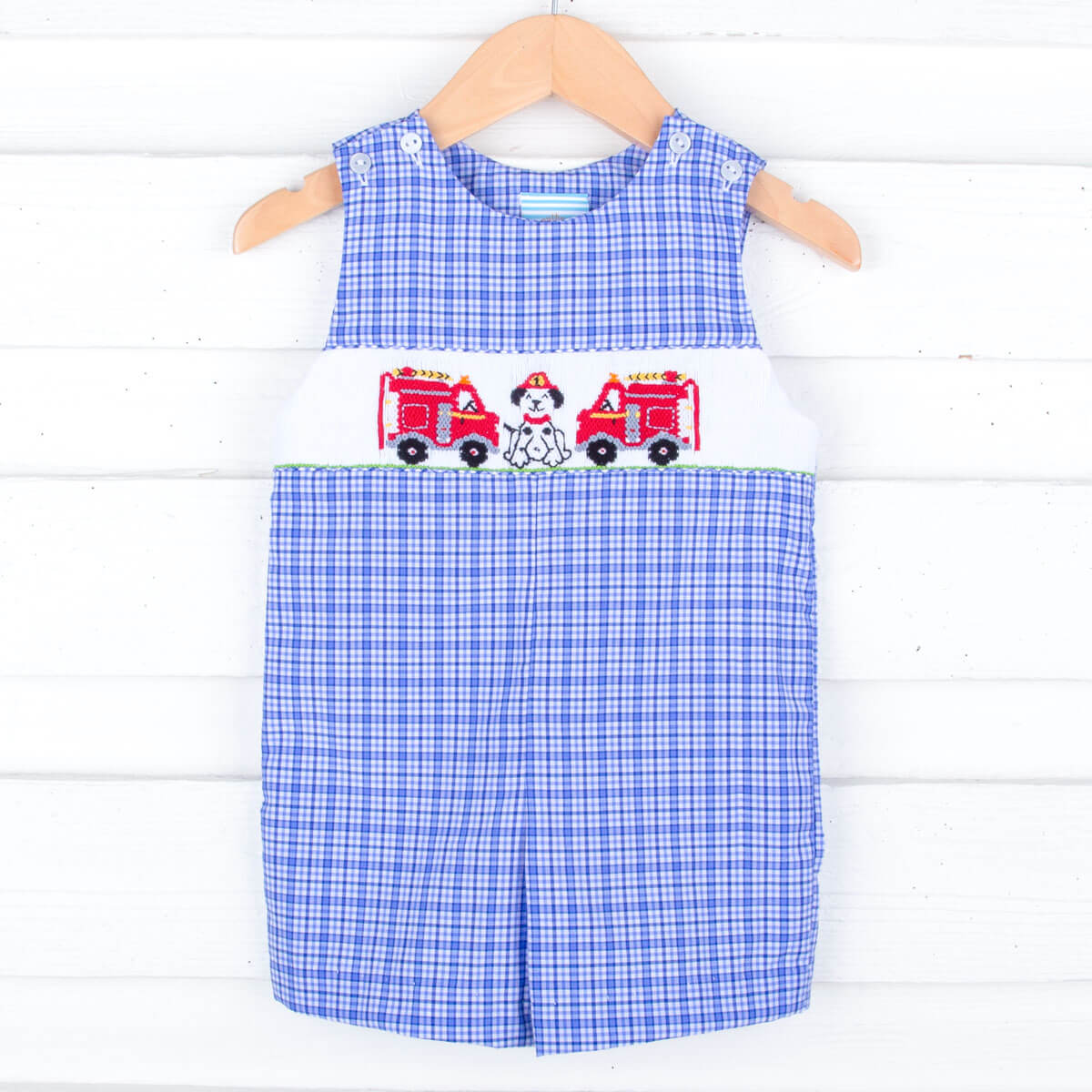 Fire Trucks Smocked Blue Plaid Jon Jon