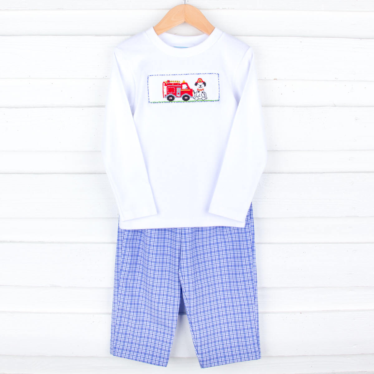 Fire Trucks Smocked Blue Plaid Pant Set