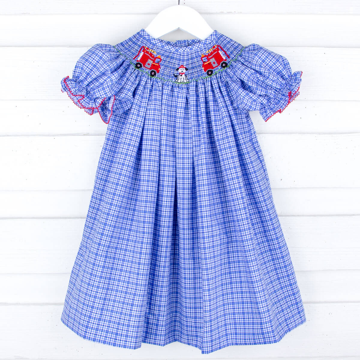 Fire Trucks Smocked Blue Plaid Bishop Dress