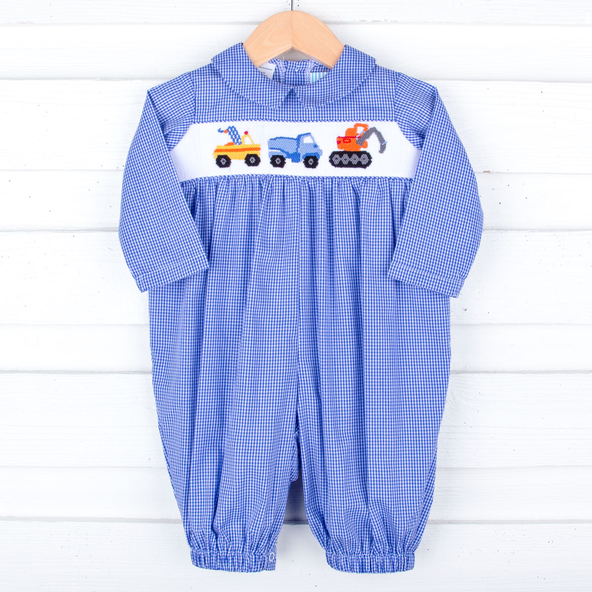 Construction Trucks Smocked Royal Blue Gingham Romper