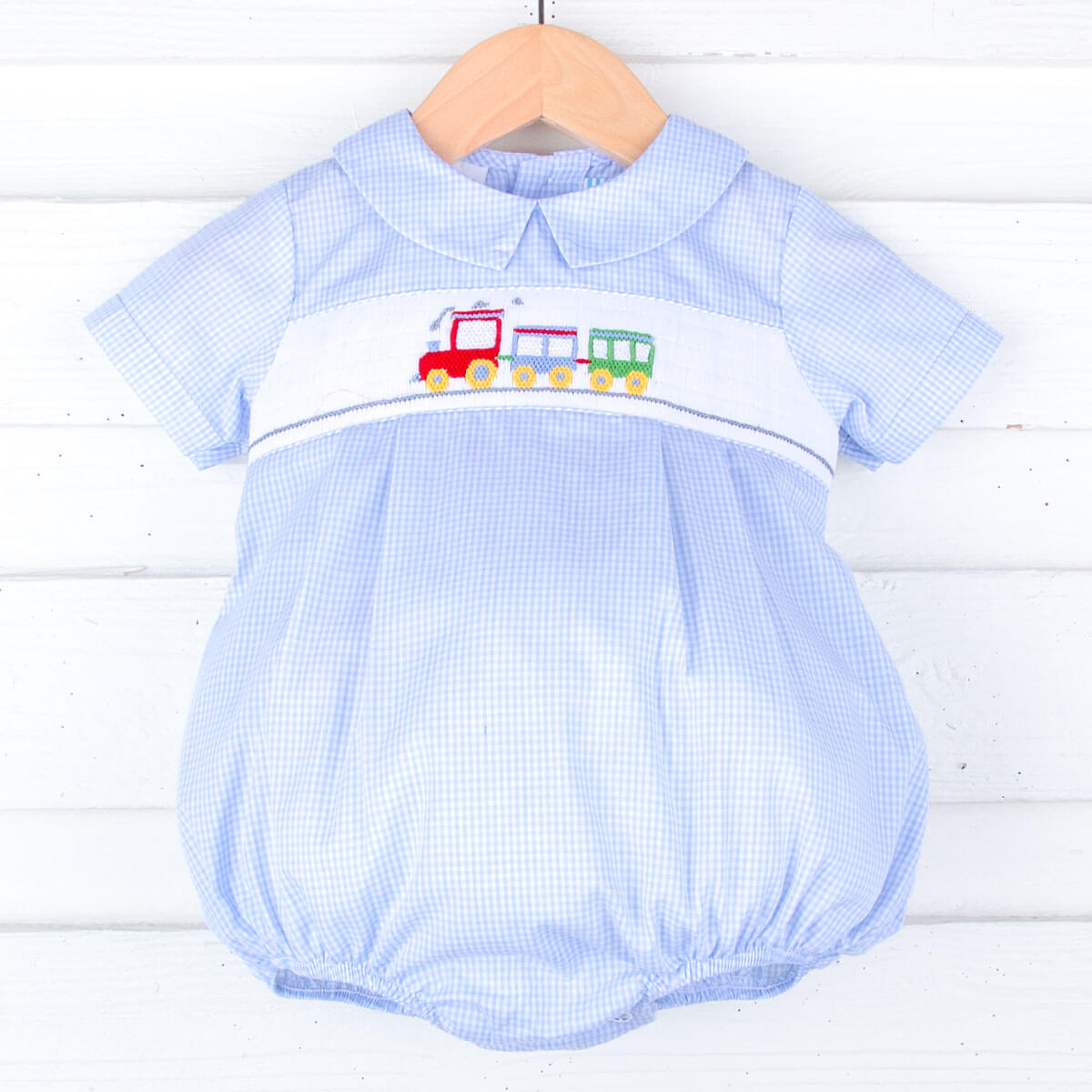 Train Smocked Light Blue Gingham Collared Bubble