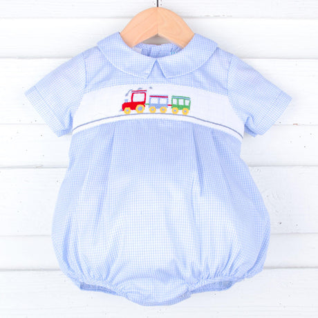 Train Smocked Light Blue Gingham Collared Bubble