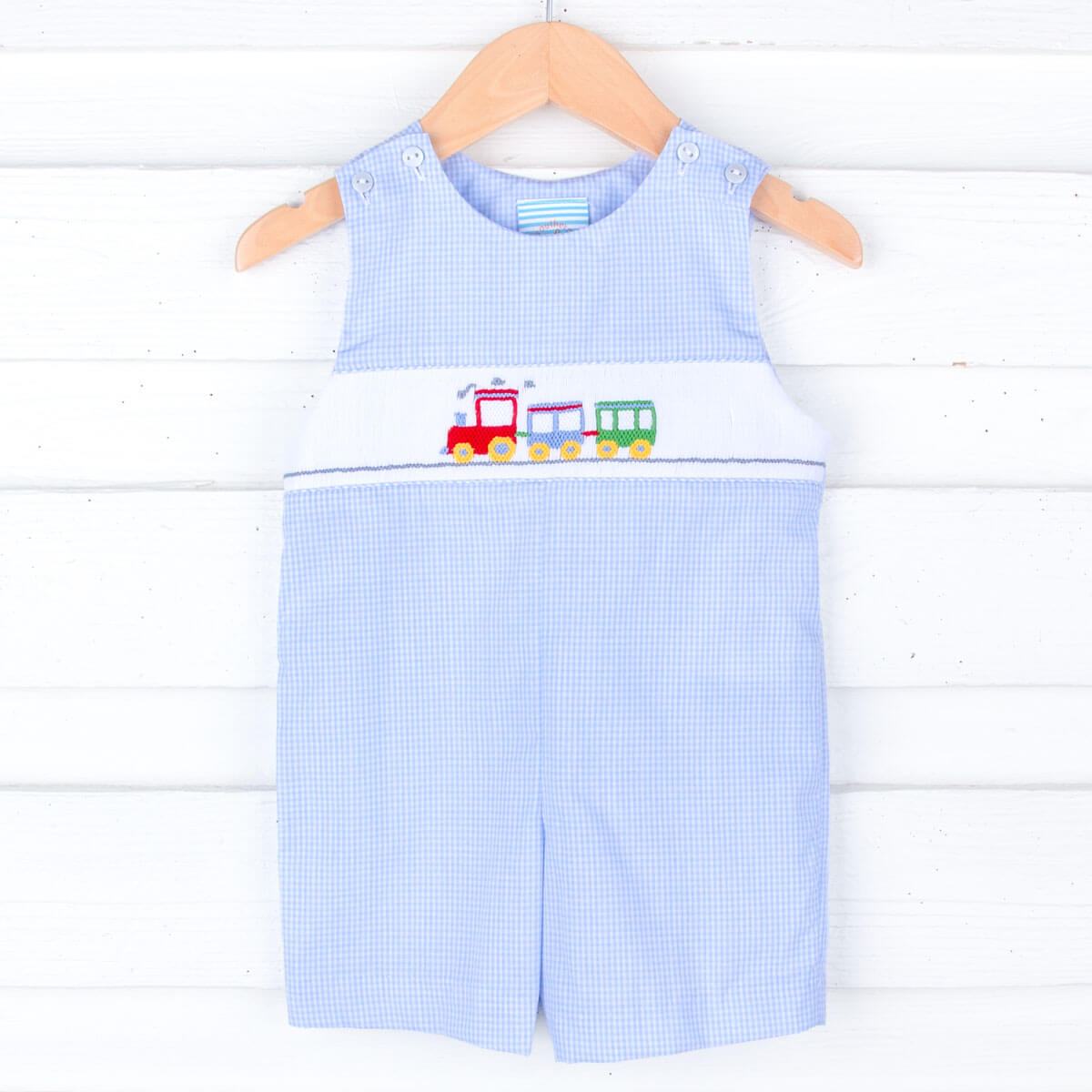 Train Smocked Light Blue Gingham Jon Jon