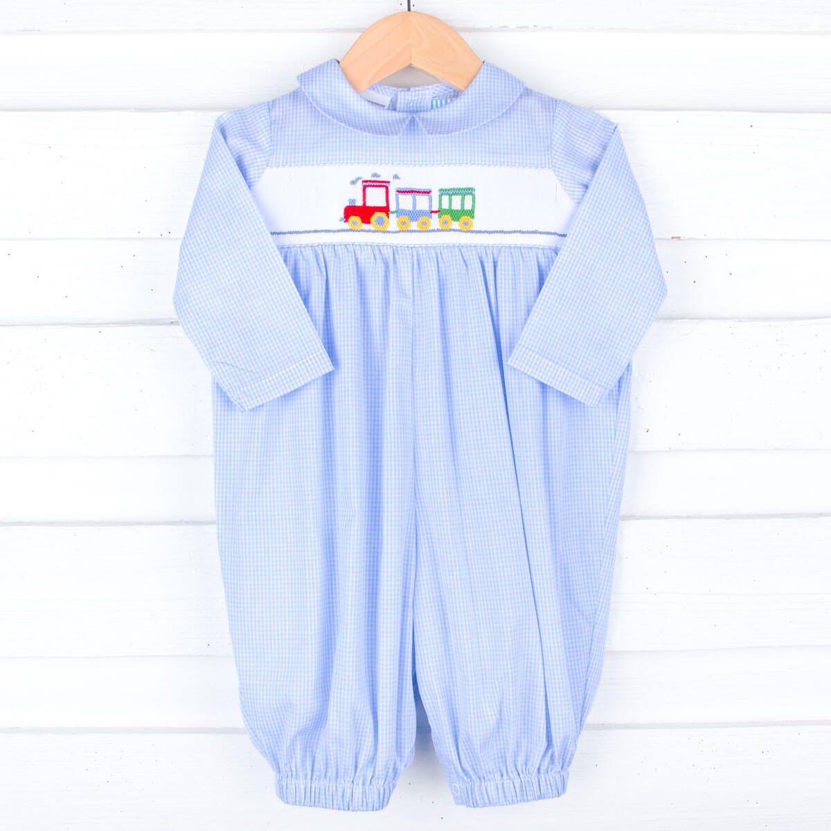 Train Smocked Light Blue Gingham Romper
