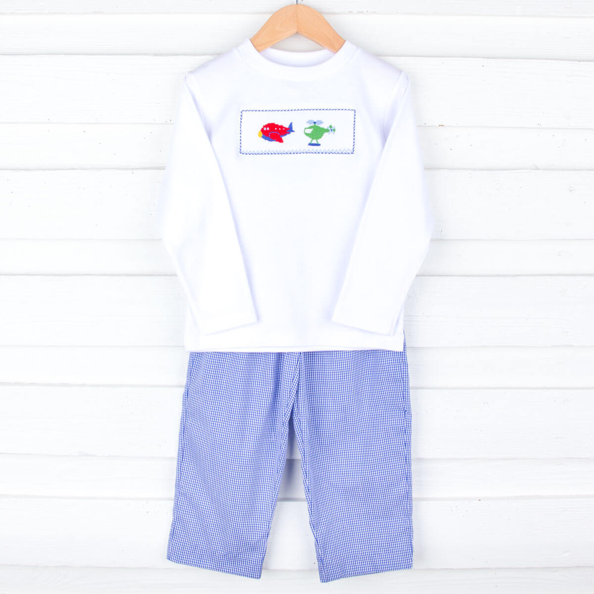 Transportation Smocked Royal Blue Gingham Pant Set