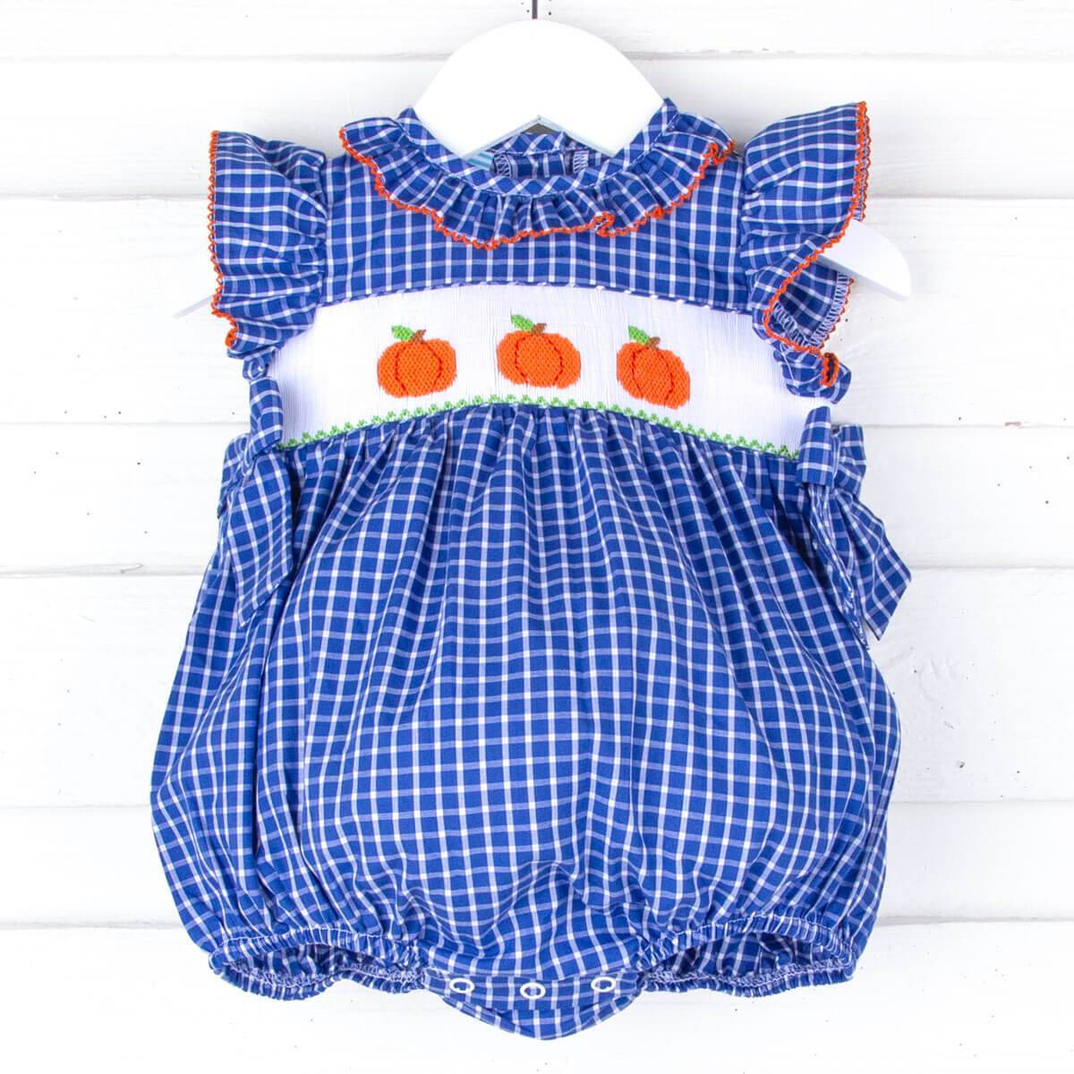 Pumpkin Smocked Navy Blue Windowpane Beverly Bubble