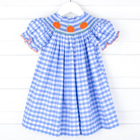 Pumpkin Smocked Light Blue Check Bishop Dress