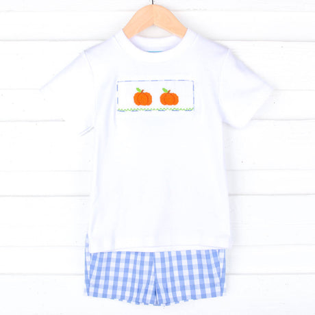 Pumpkin Smocked Light Blue Check Short Set