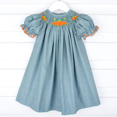 Pumpkin Smocked Green Gingham Bishop Dress