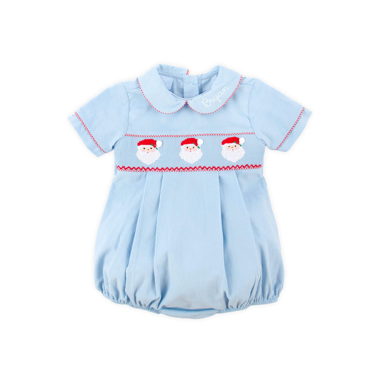 Santa Smocked Blue Corduroy Collared Bubble