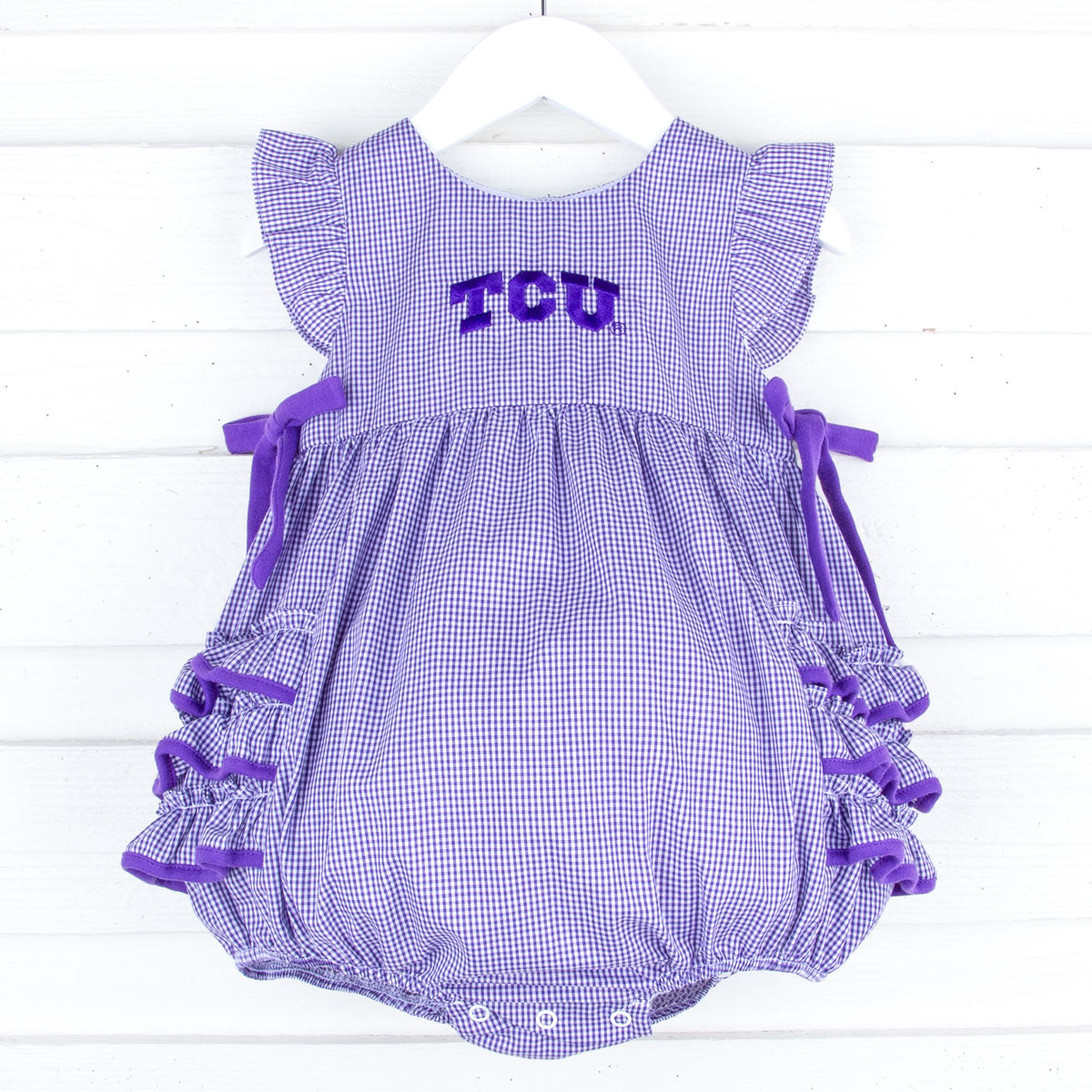 TCU Embroidered Purple Ruffle Bubble