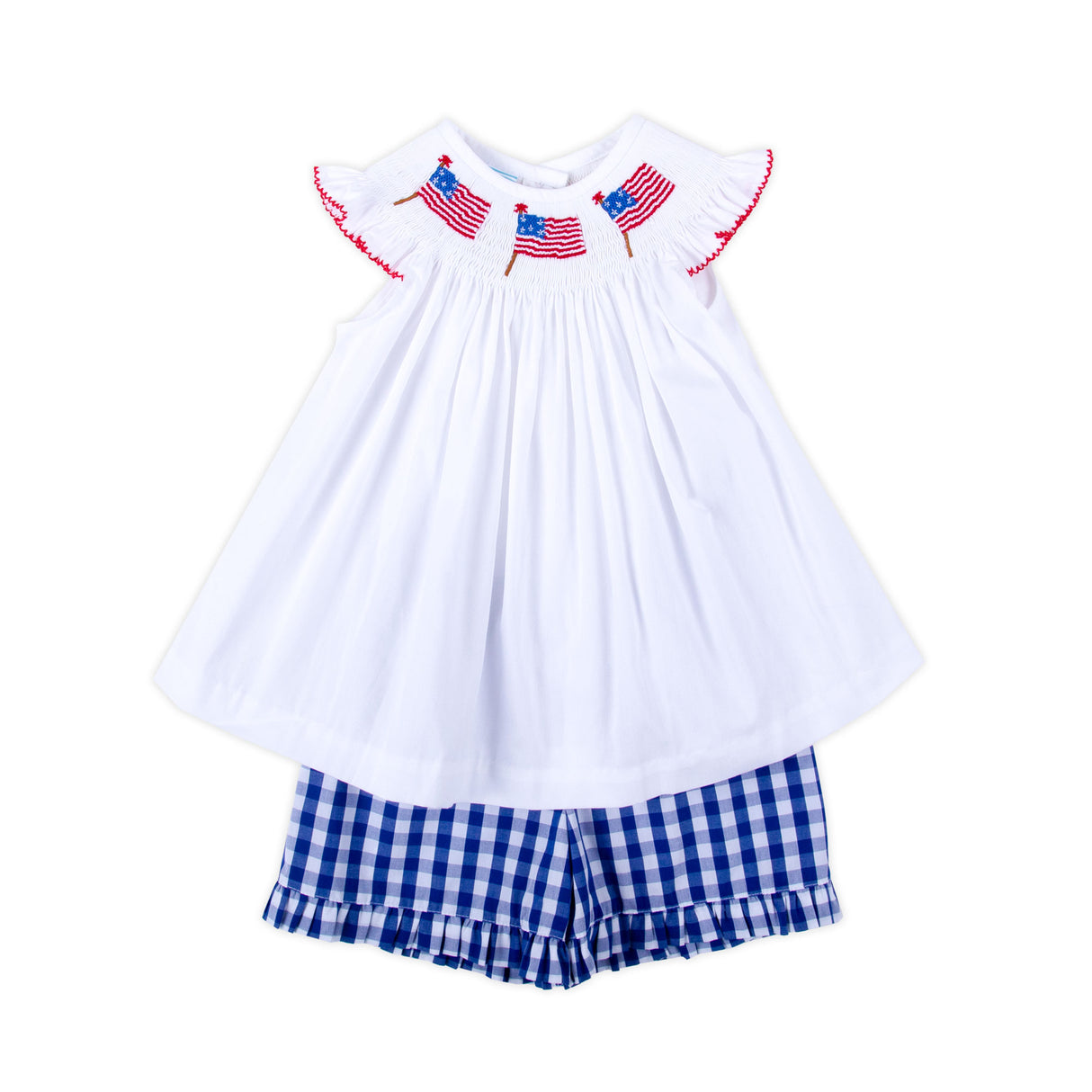 Flag Smocked Royal Check Angel Sleeve Short Set