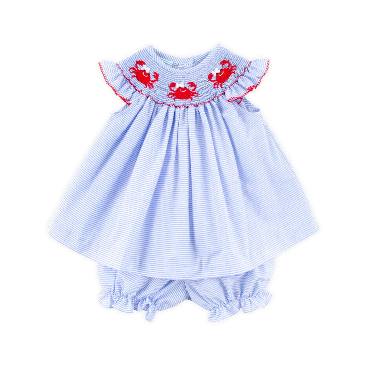 Crab Treasures Smocked Blue Stripe Angel Sleeve Bloomer Set